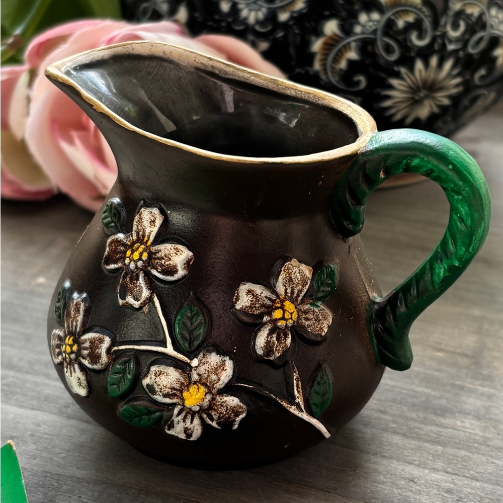 Vintage Floral Ceramic Pitcher with Green Handle, Japan